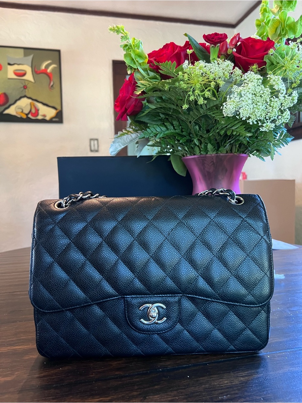 CHANEL Black Quilted Caviar Leather Jumbo Double Flap Shoulder Bag SHW
